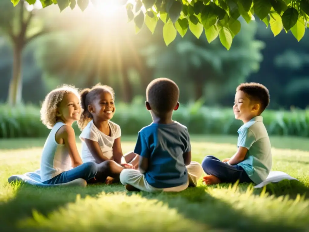 Niños en círculo practicando respiración en campo