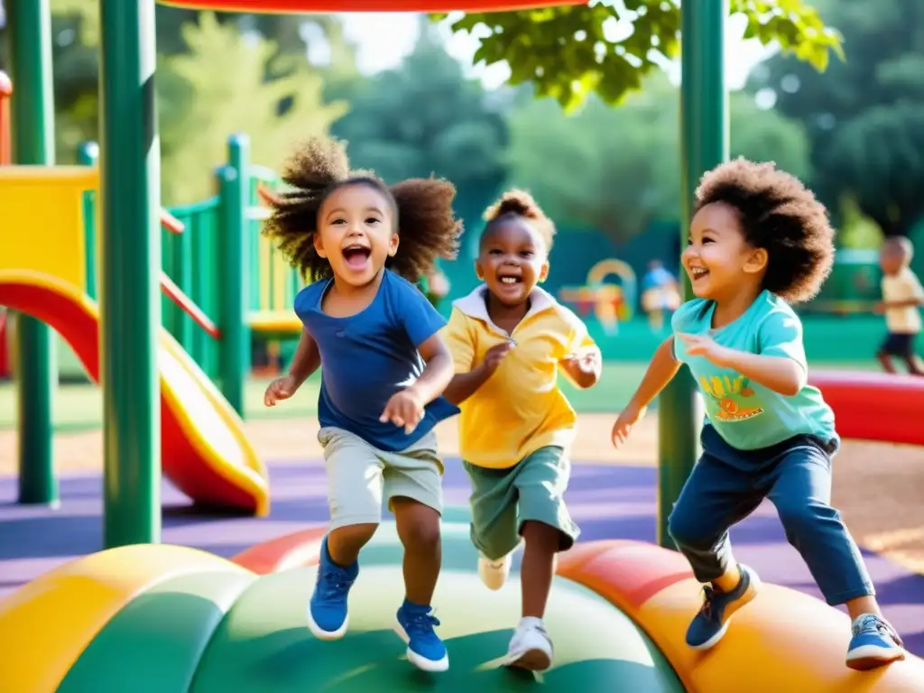 Niños de diversas edades y etnias juegan alegres en un parque soleado, rodeados de árboles y juegos coloridos