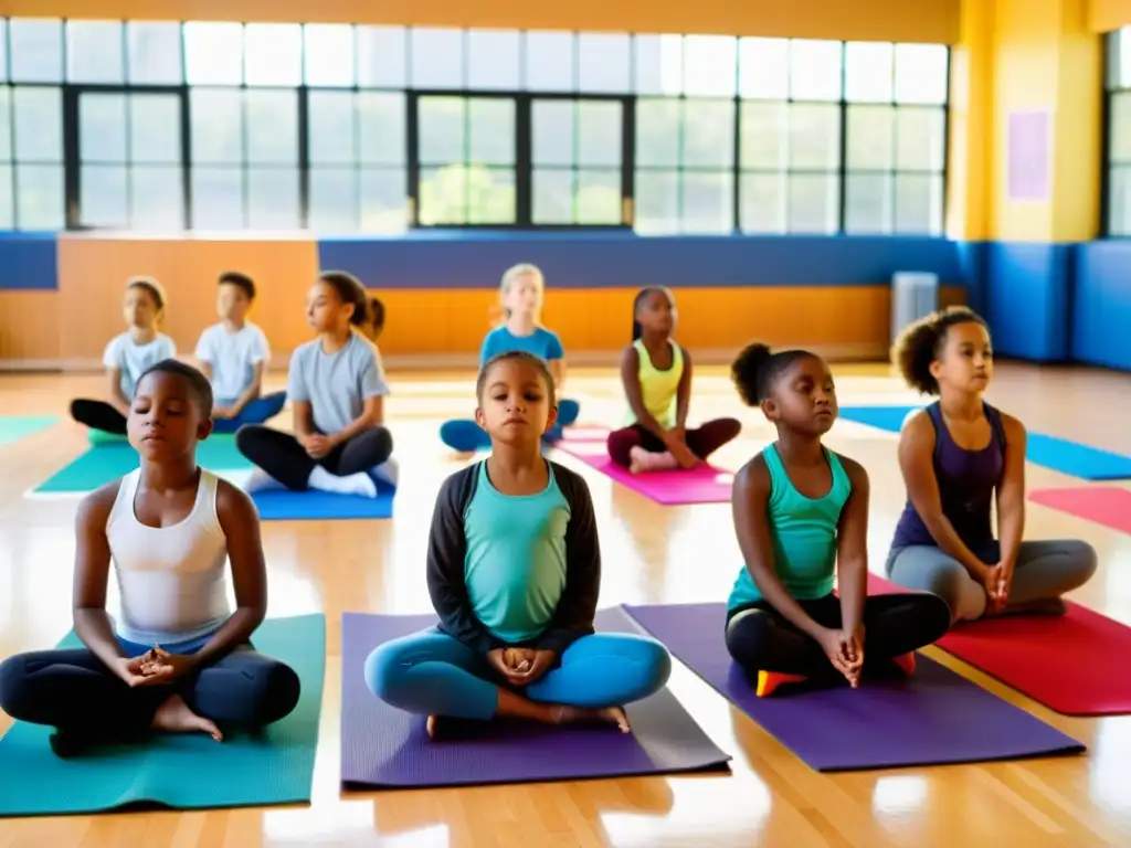 Niños practican ejercicios respiratorios en un gimnasio educativo y colorido, creando un ambiente estimulante para la educación física infantil