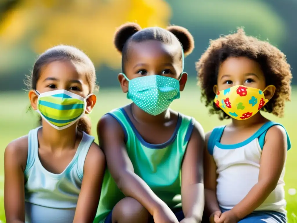 Niños felices usando máscaras de protección respiratoria diseñadas para ellos, con divertidos patrones