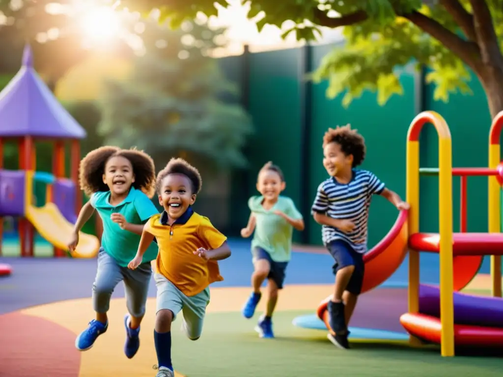 Niños jugando felices en un parque colorido al atardecer