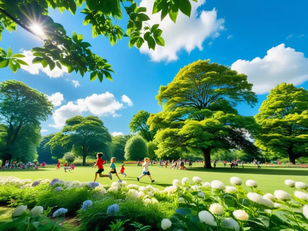 Niños jugando felices en un parque verde, bajo el sol brillante