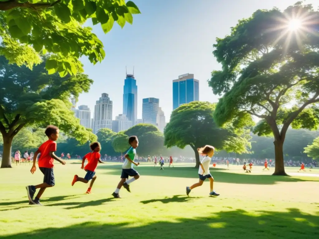 Niños felices juegan en un parque verde bajo el sol, fomentando el desarrollo pulmonar en niños y combatiendo el cambio climático