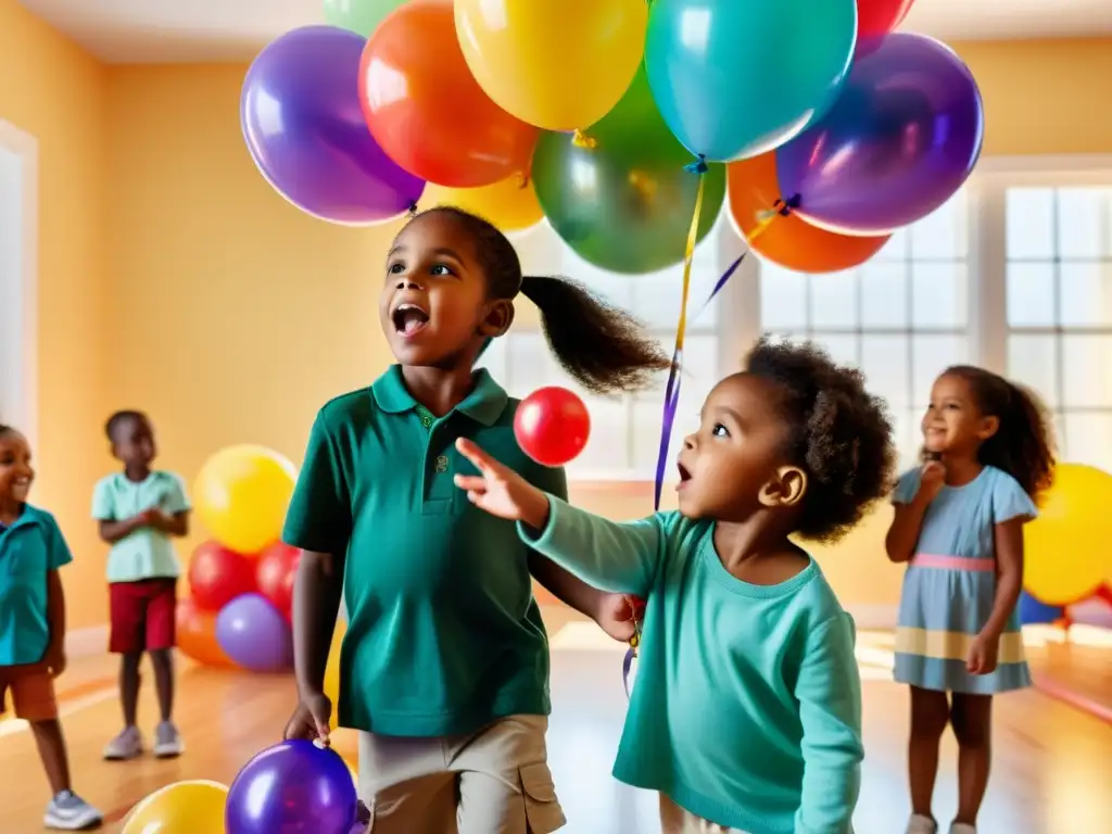 Niños juegan con globos de colores, respirando profundamente y animados por un cuidador