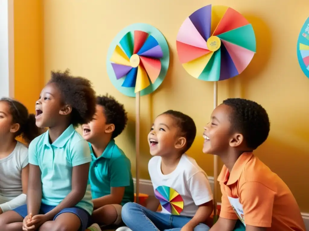 Niños disfrutan de juegos para promover una respiración saludable con coloridos molinillos, en un ambiente acogedor y educativo