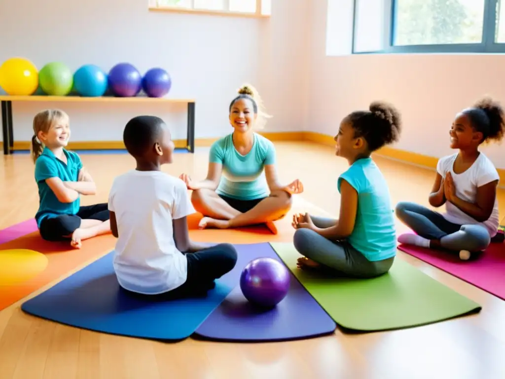 Niños participando en juegos para promover una respiración saludable con una fisioterapeuta alegre en un ambiente educativo y alegre