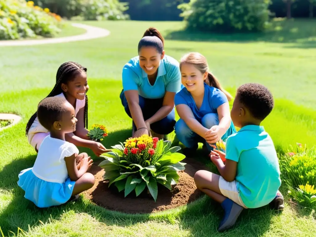 Plantando juntos: niños aprendiendo sobre la naturaleza Niños plantando con maestra, rodeados de naturaleza
