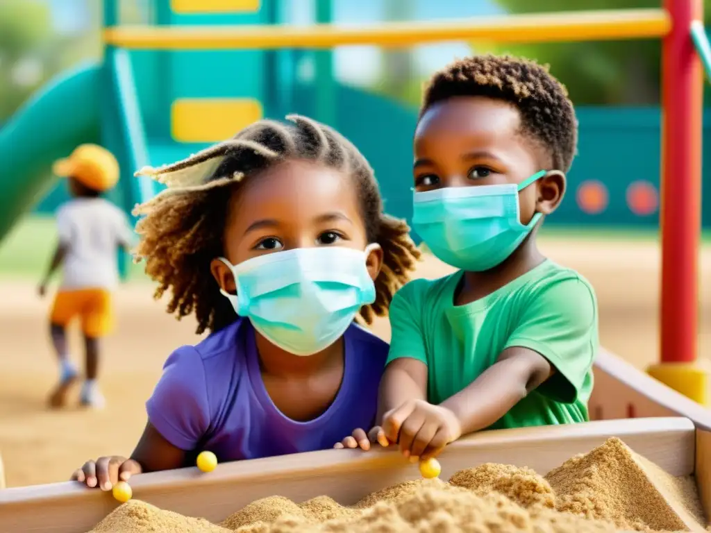 Niños con mascarillas coloridas juegan en el parque, mostrando resiliencia y prevención del virus respiratorio sincitial en niños