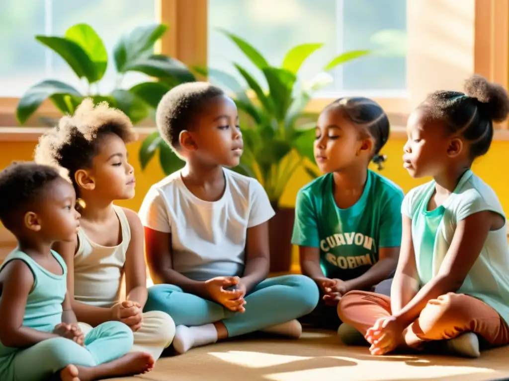 Niños practicando respiración abdominal con tranquilidad en un ambiente educativo y acogedor, rodeados de plantas y luz natural