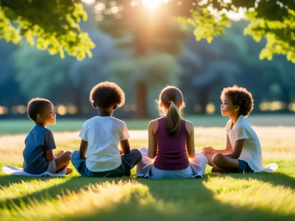 Niños practican respiración consciente al atardecer en el campo, mejorando postura y salud ósea