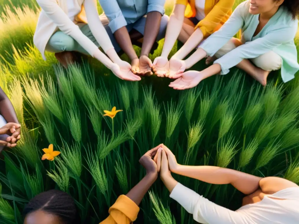 Niños practicando respiración consciente en un campo de hierba, rodeados de naturaleza y mariposas, transmitiendo calma y conexión