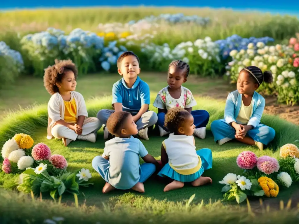 Niños practicando respiración consciente en círculo en el campo, rodeados de flores y cielo azul brillante, desarrollo infantil