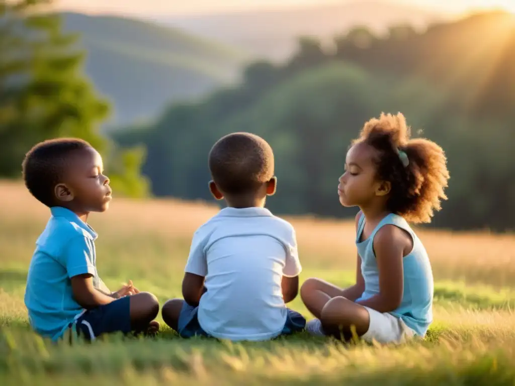 Niños practicando respiración diafragmática en un campo al atardecer, transmitiendo calma y relajación