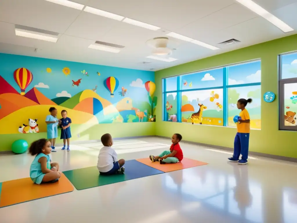 Niños sonrientes jugando en sala de juegos hospitalaria, rodeados de personal médico y murales alegres