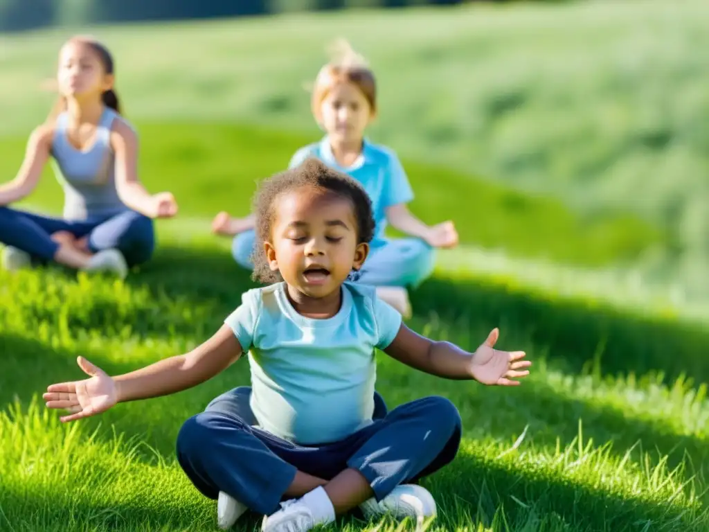 Niños practicando técnicas de respiración en un campo, con serenidad y enfoque, bajo un cielo azul brillante