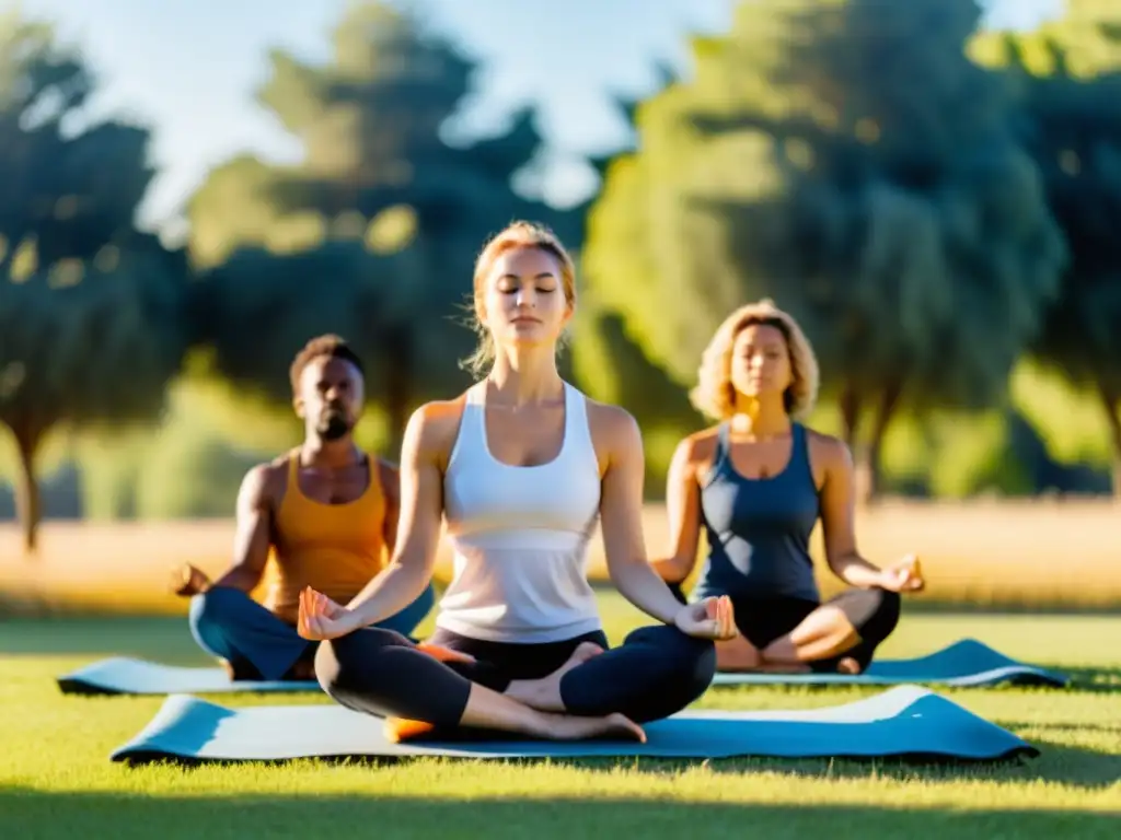 Niños practicando yoga al aire libre bajo el cálido sol, en postura de meditación consciente