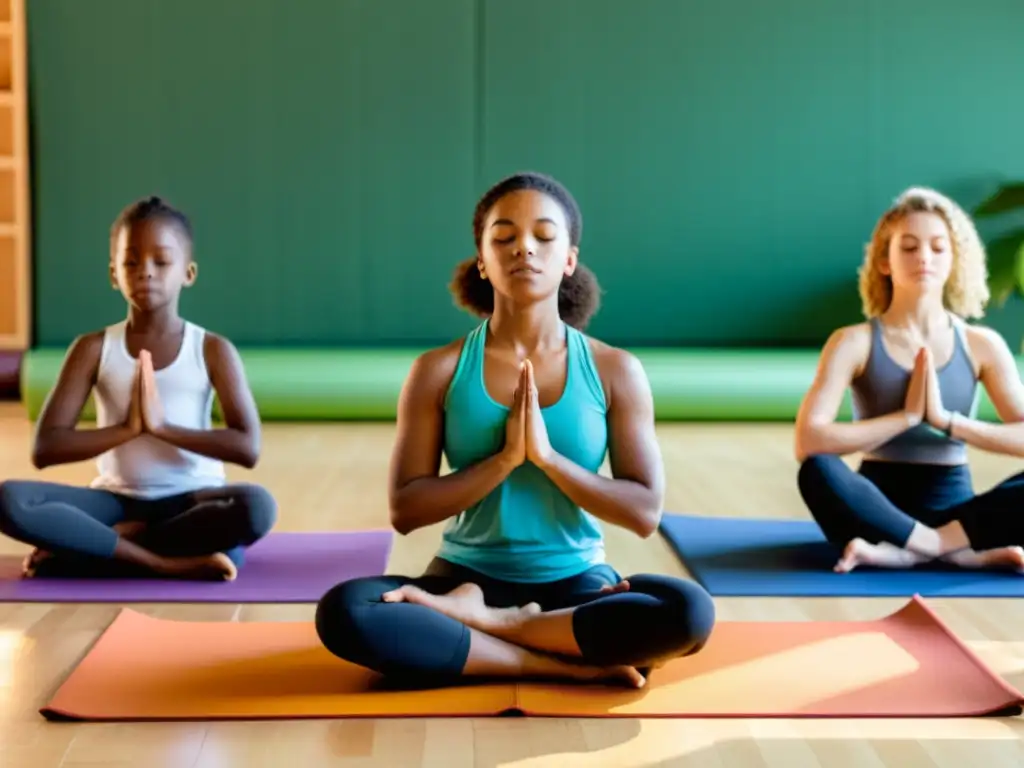 Niños practicando yoga, sentados en coloridas esterillas con los ojos cerrados, respirando profundamente