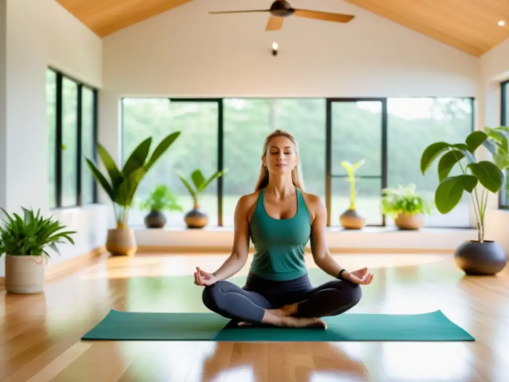 Un oasis de serenidad con luz natural, personas practicando yoga en un ambiente relajante con decoración minimalista y plantas verdes