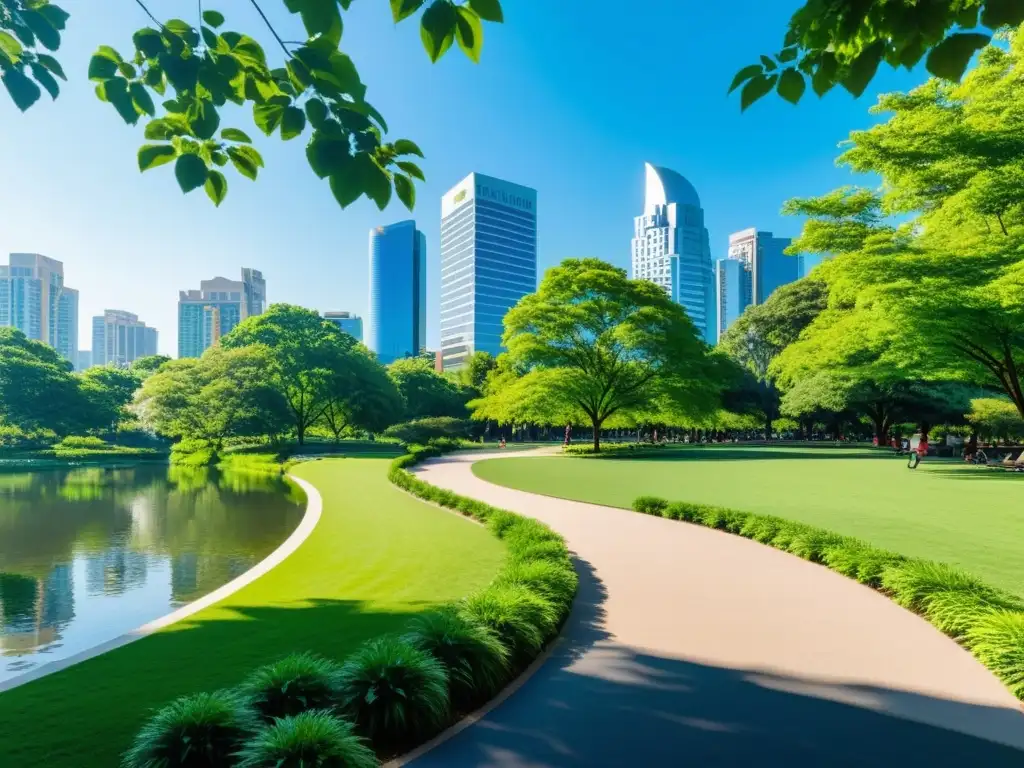 Un oasis urbano sereno con vegetación exuberante, un estanque tranquilo y edificios altos al fondo