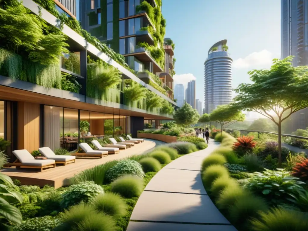 Un oasis verde urbano con diseño sostenible y arquitectura innovadora