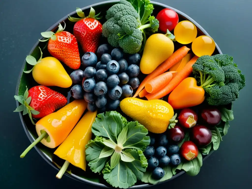 Una obra maestra de frutas y verduras vibrantes, con gotas de agua brillantes