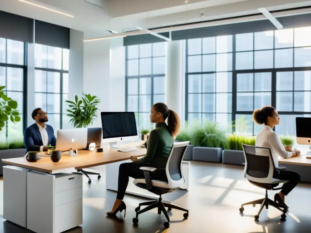 Oficina moderna con ergonomía, respiración consciente y tranquilidad en la jornada laboral