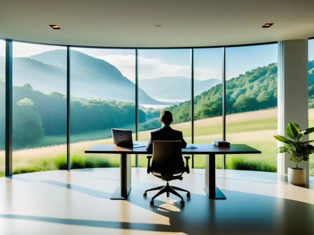 Oficina moderna con estrategias de respiración para manejar presión laboral, iluminada por luz natural y con vista a paisaje tranquilo