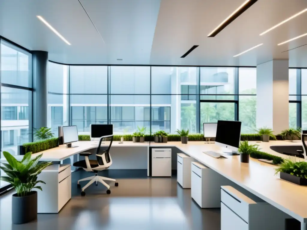 Oficina moderna con luz natural, mobiliario ergonómico, plantas y aire limpio