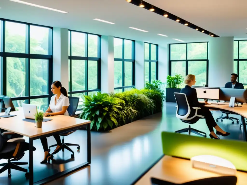 Oficina moderna con mobiliario ergonómico, vegetación y luz natural