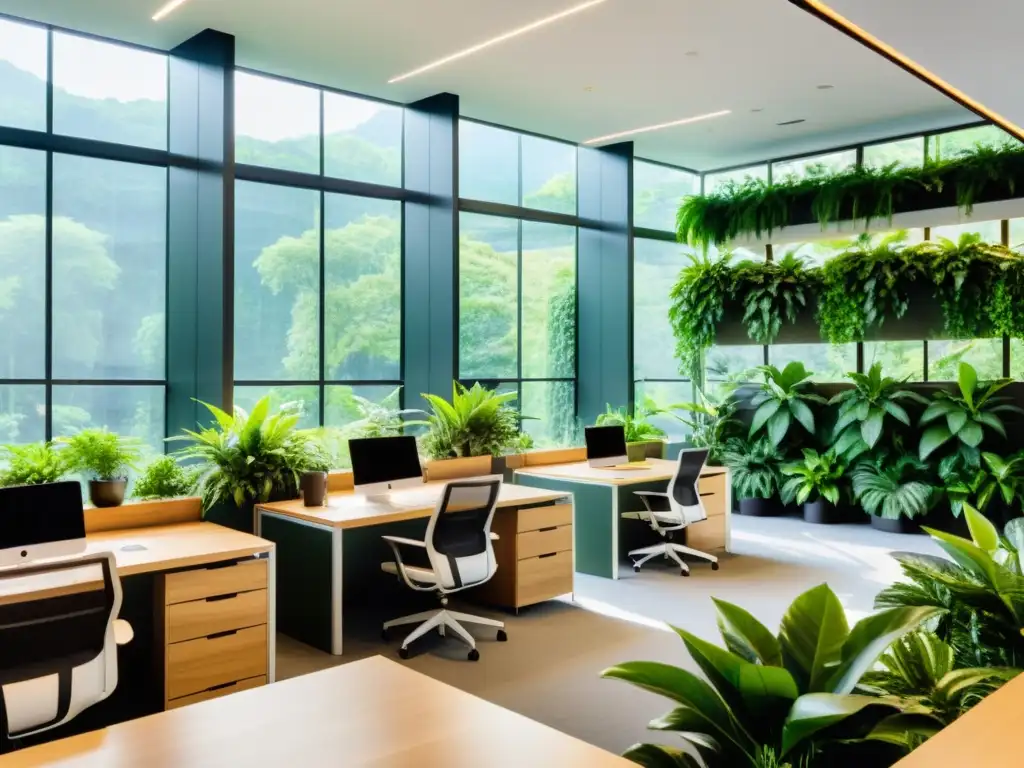 Oficina moderna con plantas purificadoras de aire para crear un ambiente fresco y sereno, ideal para el trabajo concentrado