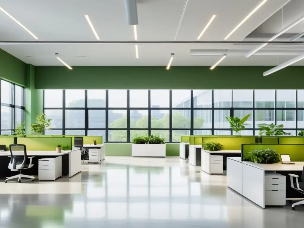 Oficina moderna con plantas verdes, mobiliario minimalista y luz natural