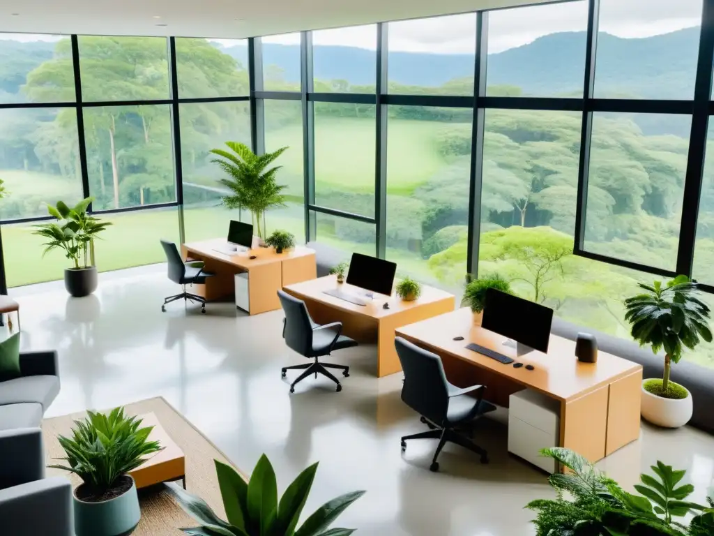 Oficina moderna con vista a la naturaleza, aplicando atención plena en respiración para el bienestar mental de los empleados