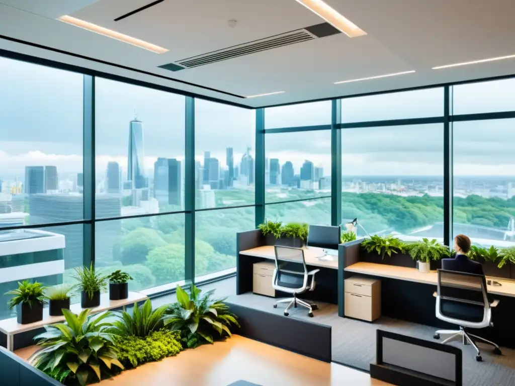 Oficina moderna con vistas a la ciudad, plantas verdes, luz natural y empleados trabajando