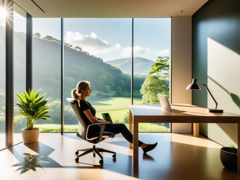 Oficina serena con ejercicios respiratorios para energía, luz natural y paisaje verde relajante