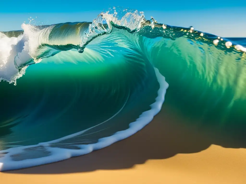 Una ola cristalina rompiendo suavemente en la orilla del mar, transmitiendo tranquilidad con sus tonos azules y verdes