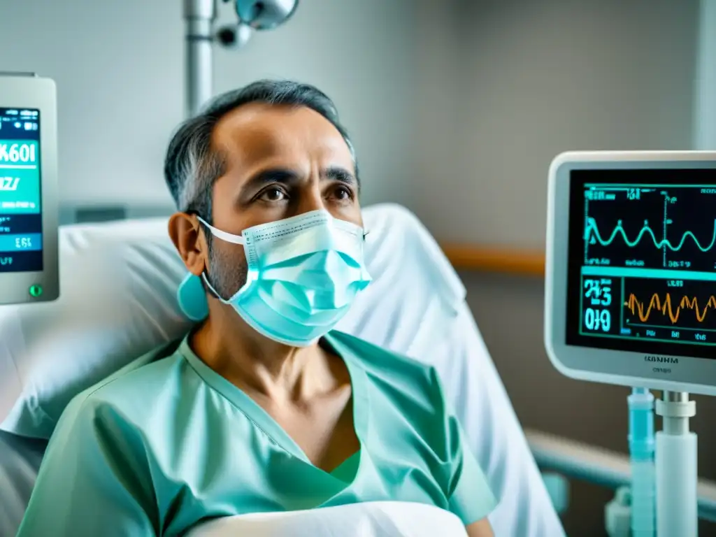 Un paciente con EPOC en cama de hospital, usando Ventilador Mecánico XYZ y recibiendo cuidados médicos especializados