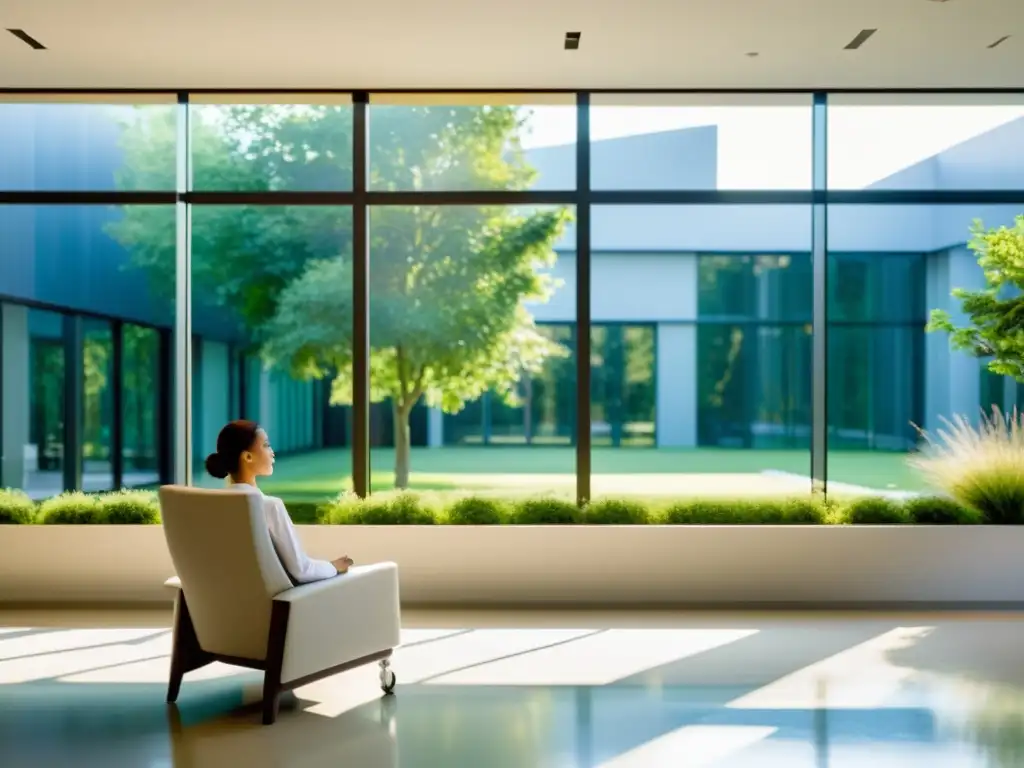 Prácticas de respiración consciente en sala hospitalaria Un paciente practica respiración en el manejo del dolor en una moderna habitación de hospital con vistas a un tranquilo jardín