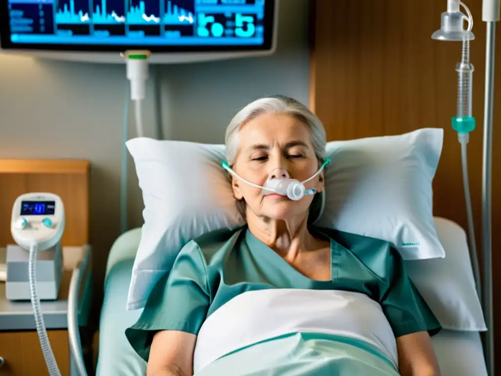 Un paciente mayor descansa en una cama de hospital con cánulas nasales de alto flujo, en una habitación hospitalaria moderna y bien iluminada