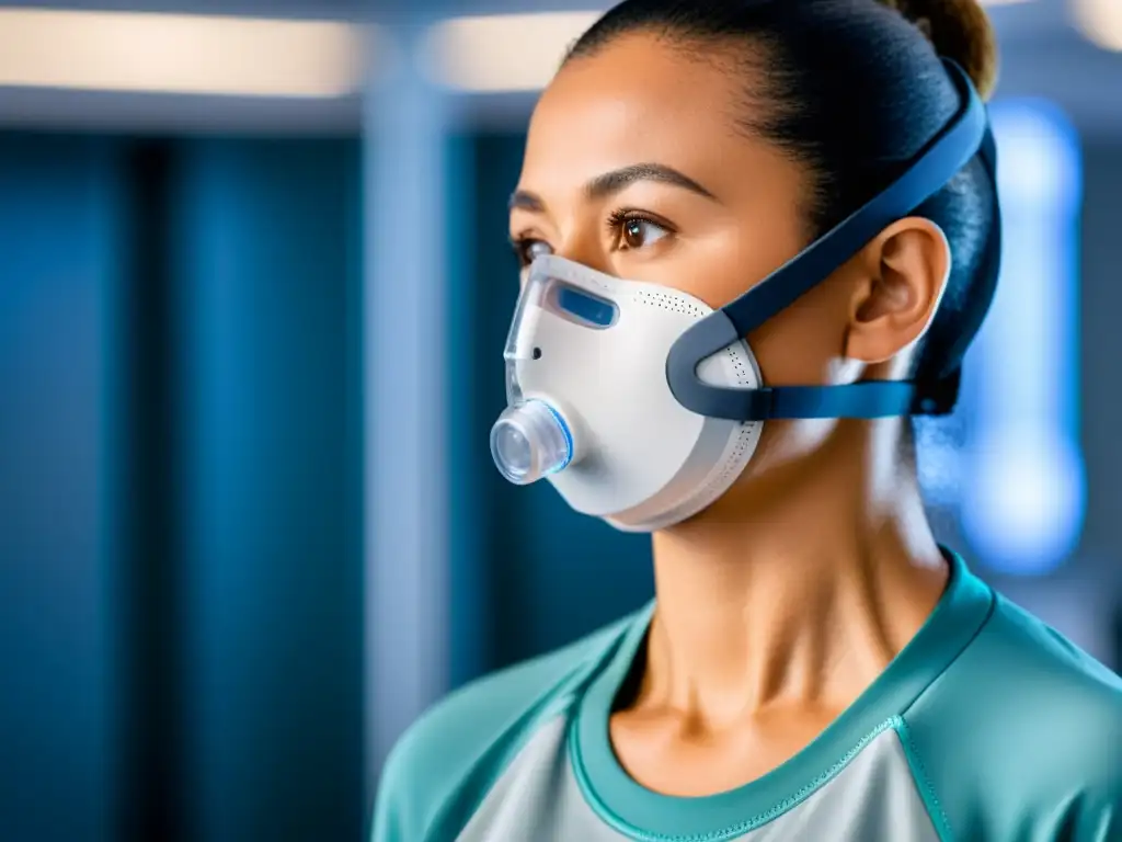 Una paciente usando un monitor respiratorio moderno durante la rehabilitación pulmonar post COVID19 con tecnología en un centro de vanguardia