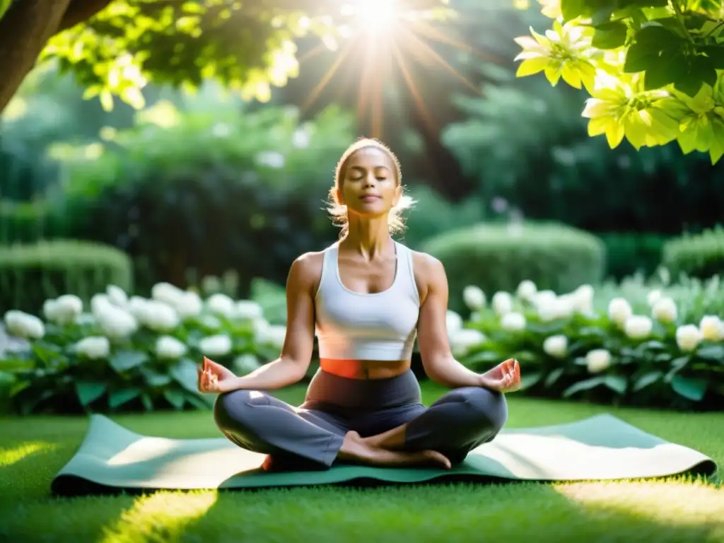 Una paciente oncológica practica técnicas de respiración en un jardín sereno y verde, irradiando calma y esperanza