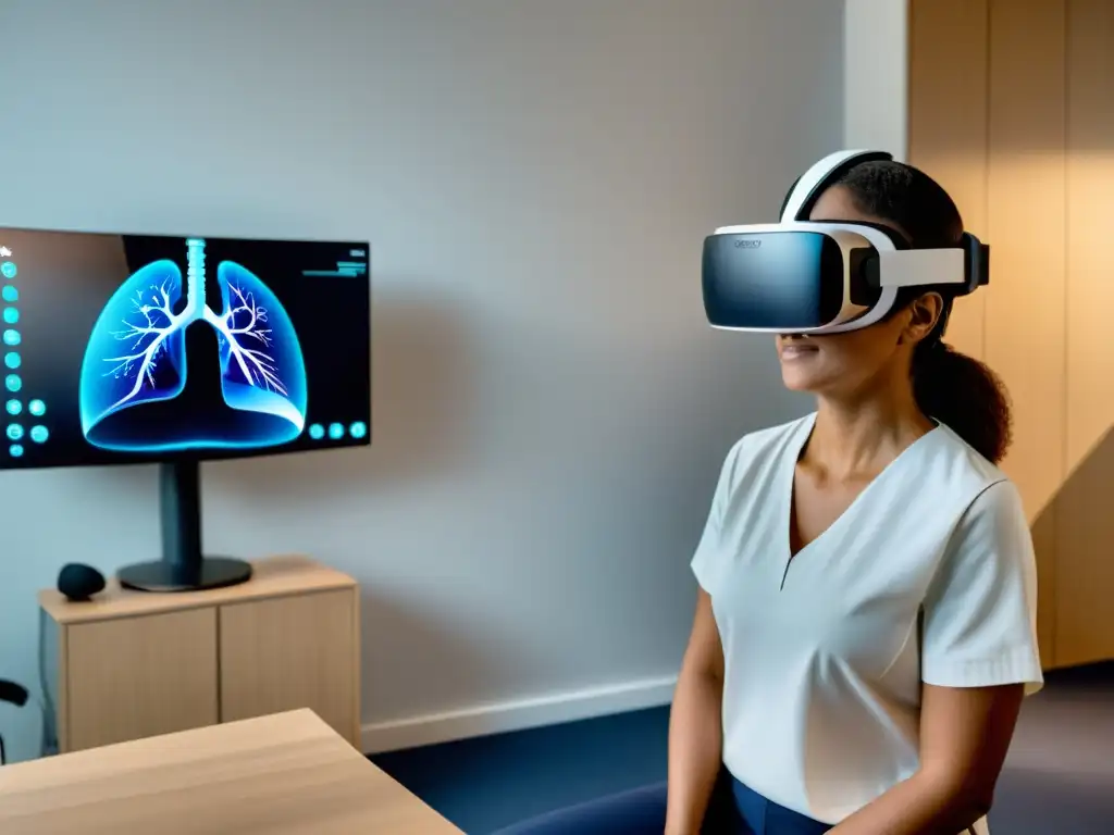 Paciente usando Realidad Virtual en Fisioterapia Respiratoria para ejercicios de respiración, con ambiente sereno y pulmones animados sanos