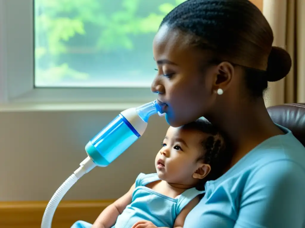 Un padre cuidadoso administra terapia respiratoria a su hijo con nebulizador, creando una atmósfera de esperanza y sanación