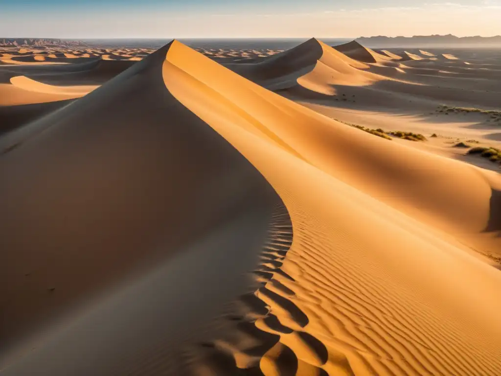 Un paisaje desértico con dunas infinitas bañadas por la luz dorada del sol, transmitiendo calma y belleza en climas secos