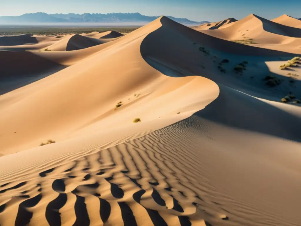 Un paisaje desértico extenso y árido, con dunas de arena y cielos azules