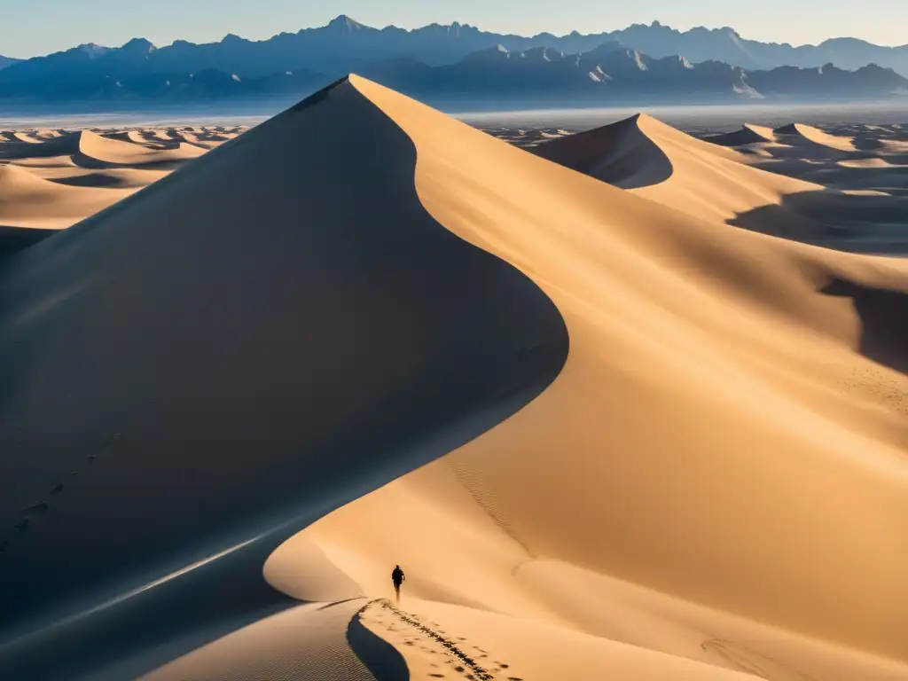 Un paisaje desértico inmenso con dunas de arena y cielo azul, transmite serenidad y pureza, beneficios respiratorios climas secos