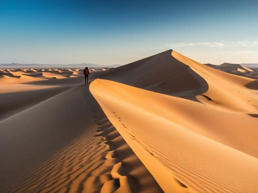 Un paisaje desértico vasto y árido con contrastes dorados y sombras profundas