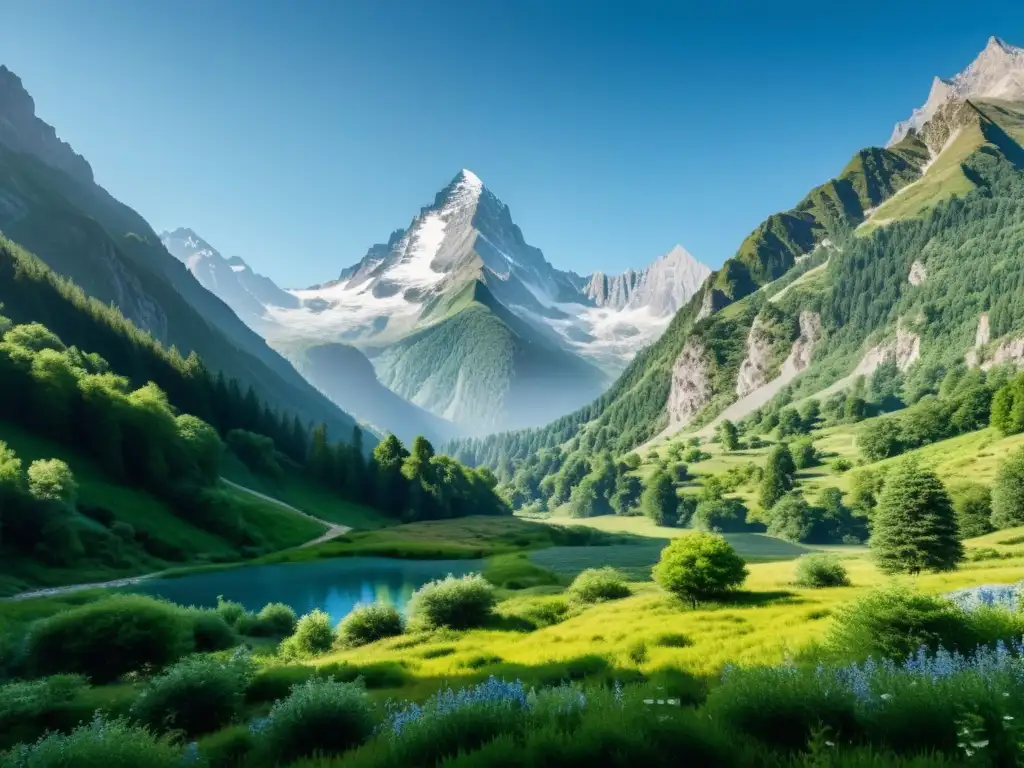 Un paisaje montañoso sereno y exuberante, con picos imponentes y un cielo azul claro