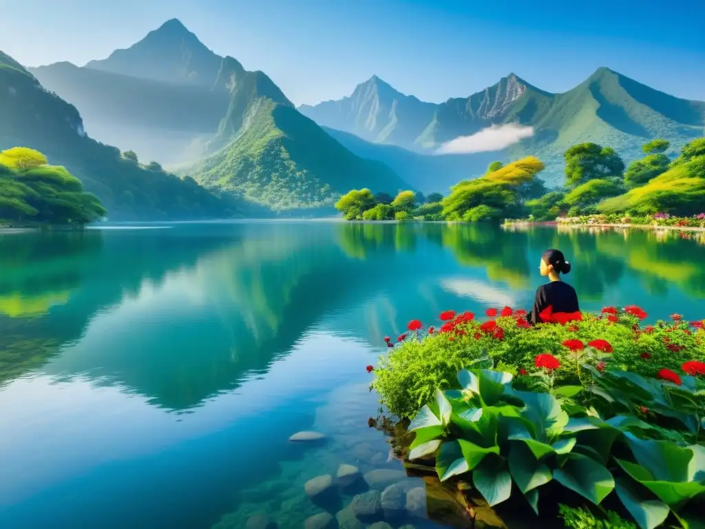 Un paisaje natural sereno con un lago, árboles verdes, flores vibrantes y montañas majestuosas