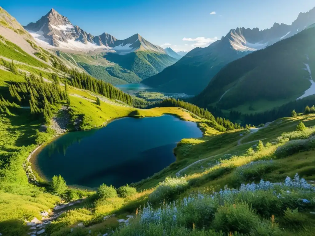 Un paisaje de montaña sereno y hermoso con un lago alpino brillante, senderos y montañas nevadas