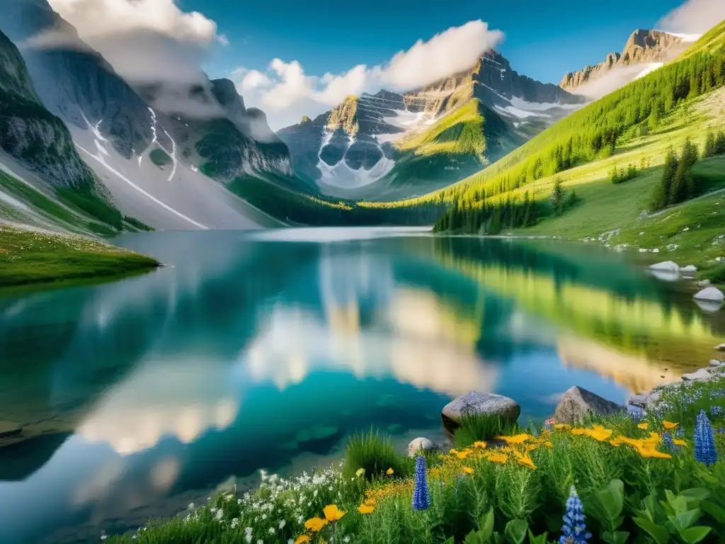 Un paisaje de montaña sereno con un lago alpino cristalino, rodeado de picos nevados